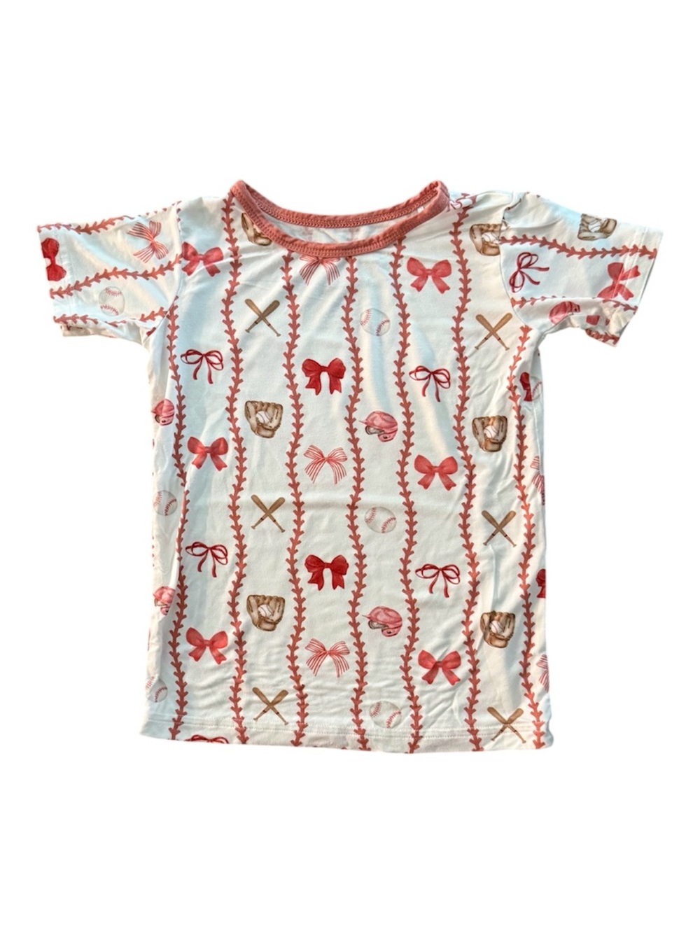 Little One Shop Bamboo Pink & White Bow-Print Baseball Short Sleeve Pajama Top 3